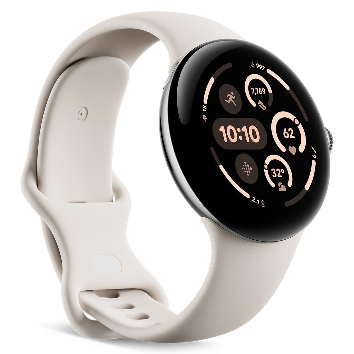 Google - Google Pixel Watch 3 45mm, Caja de aluminio color plata pulida y correa deportiva color porcelana, Wi-Fi Smartwatch.